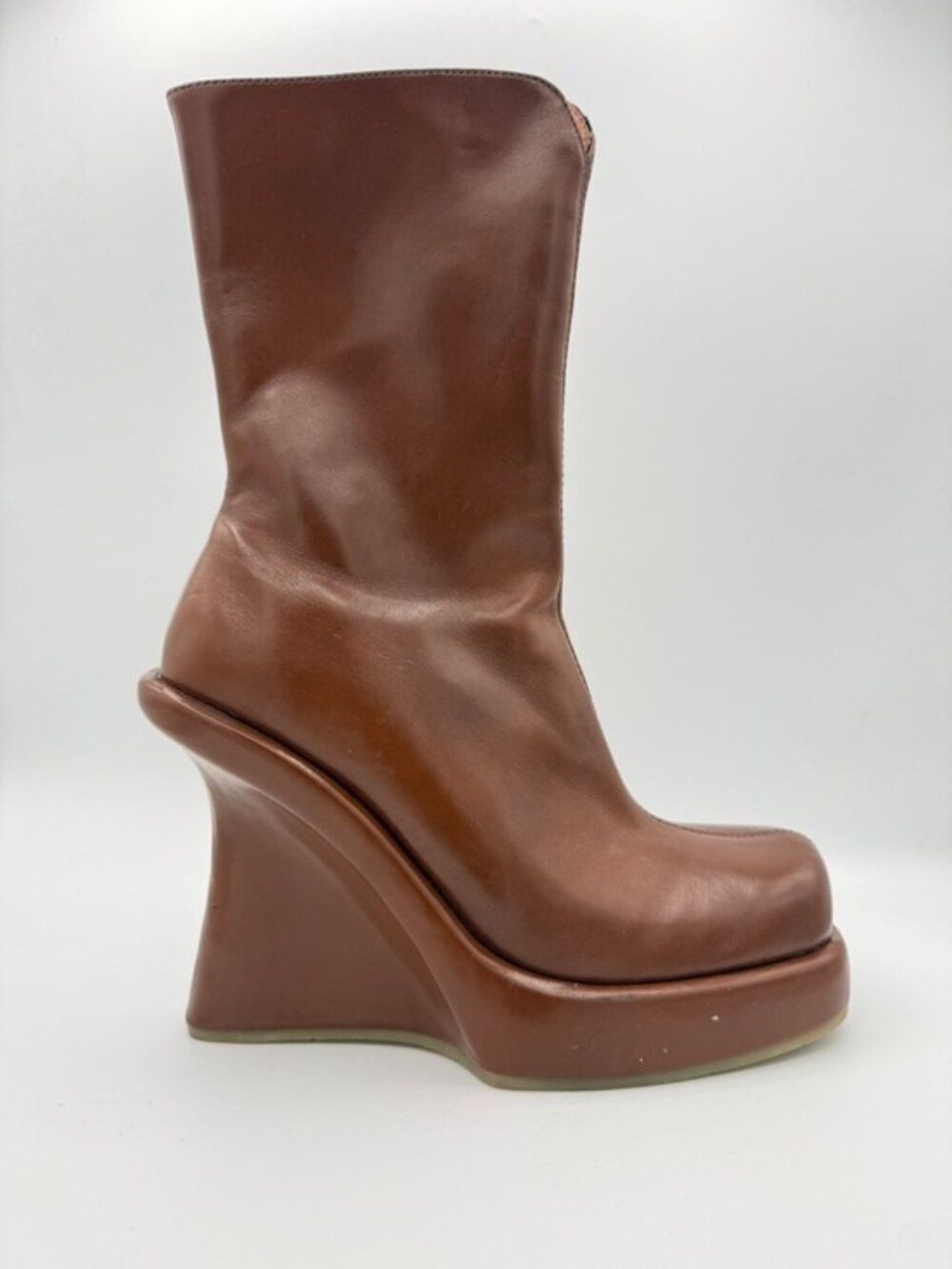 Aldo Brown Leather Sculptural Wedge Boot Avant Garde Square Toe Brown 37